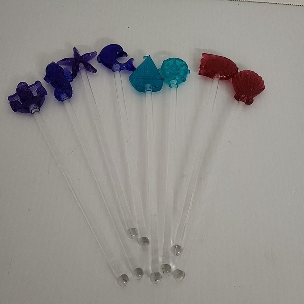 Set of 8 Drink Stirrers Swizzle Sticks Nautical And‎  Fish Colorful Vintage